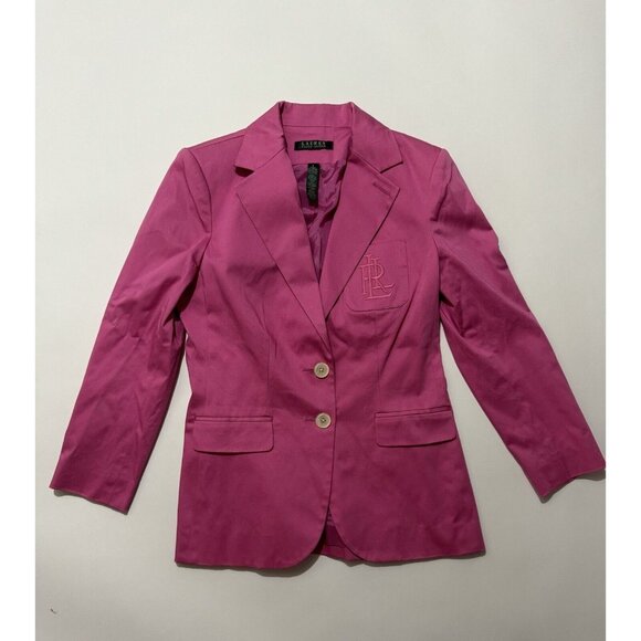 Ralph Lauren Jackets & Blazers - Ralph Lauren Blazer Size 2 Pink Logo Embroidered Chest Pocket Cotton 01